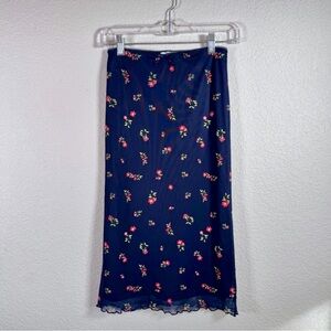 Floral Print Mesh Navy Midi Skirt XS
